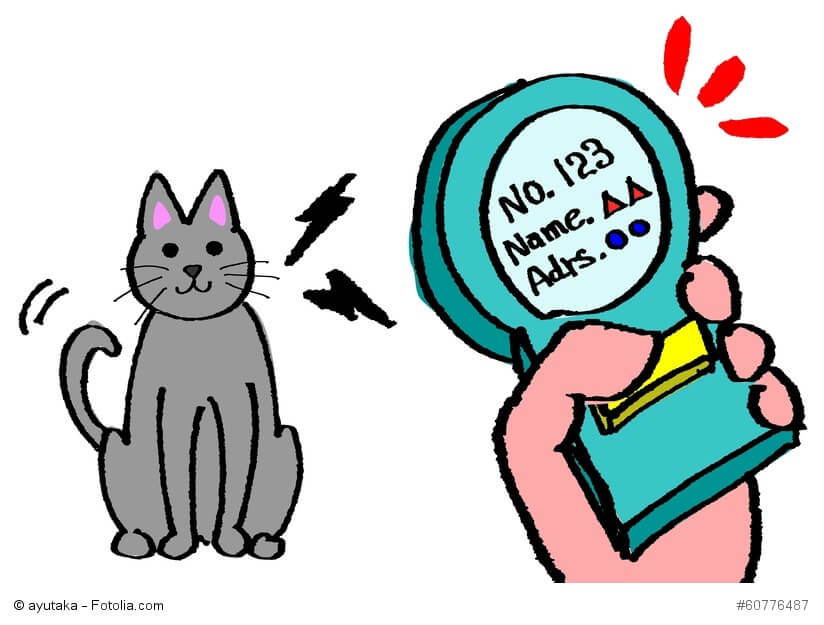 Die Zeichnung zeigt eine Katze, die mit einem Lesegerät identifiziert wird