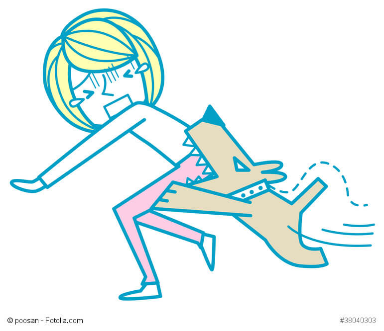 Cartoon mit einer Frau, die von einem Hund in den Hintern gebissen wird