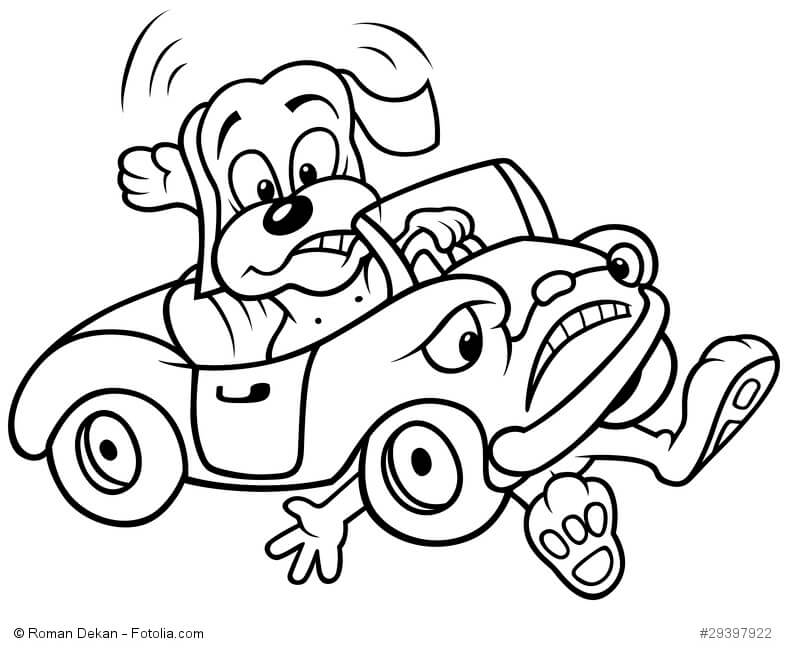 Ein Cartoon mit einem Hund, der ein Auto fährt und einen Menschen überfahren hat