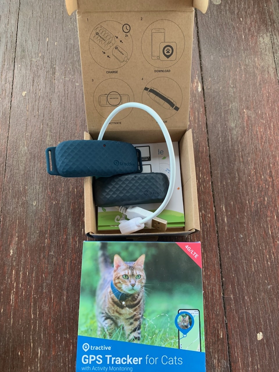 Der GPS-Tracker CAT 4 von tractive kommt in einer praktischen Pappverpackung.