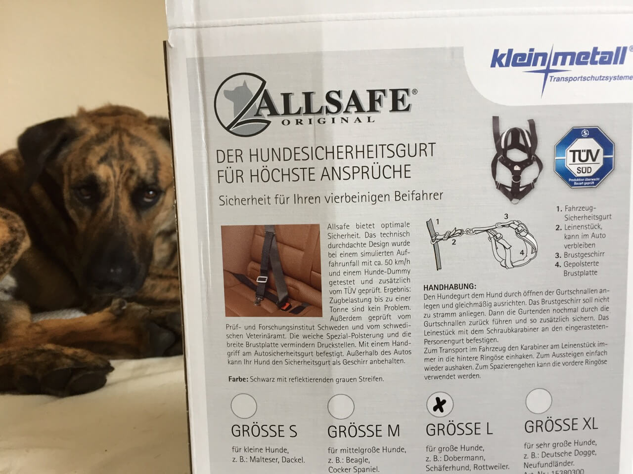 Auf der Rückseite der Verpackung findest du eine Anleitung zum Einstellen und Anlegen des Geschirrs