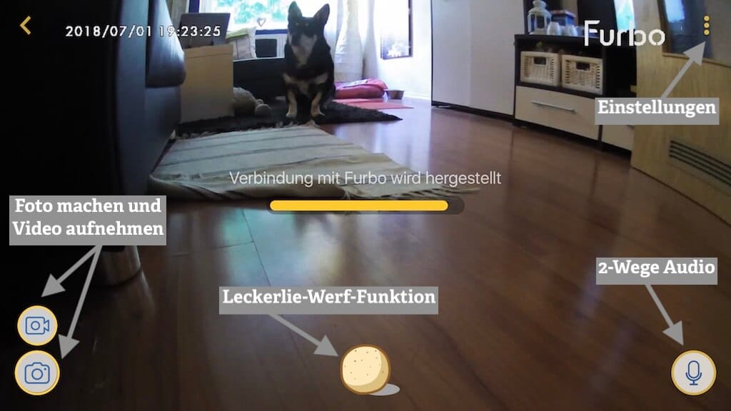Screenshot der App der Hundekamera Furbo mit einem Hund im Hintergrund und Hinweisen auf die Funktionen, die auf dem Bildschirm sichtbar sind
