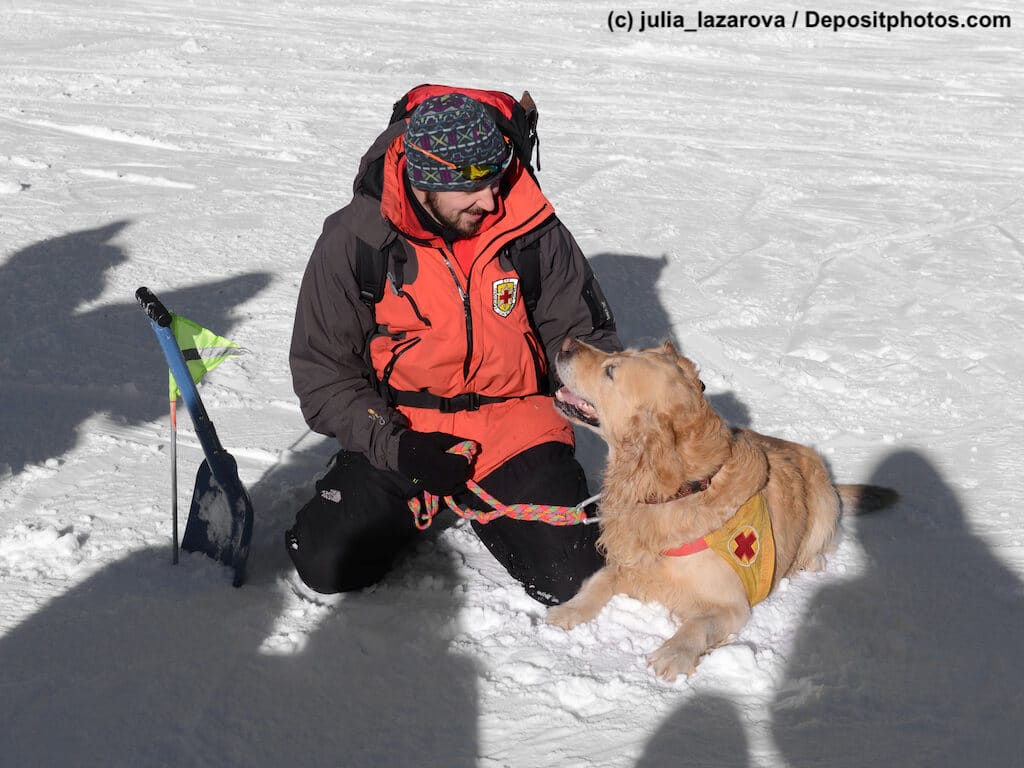 Lawinenretter und sein Hund im Schnee schauen sich an.