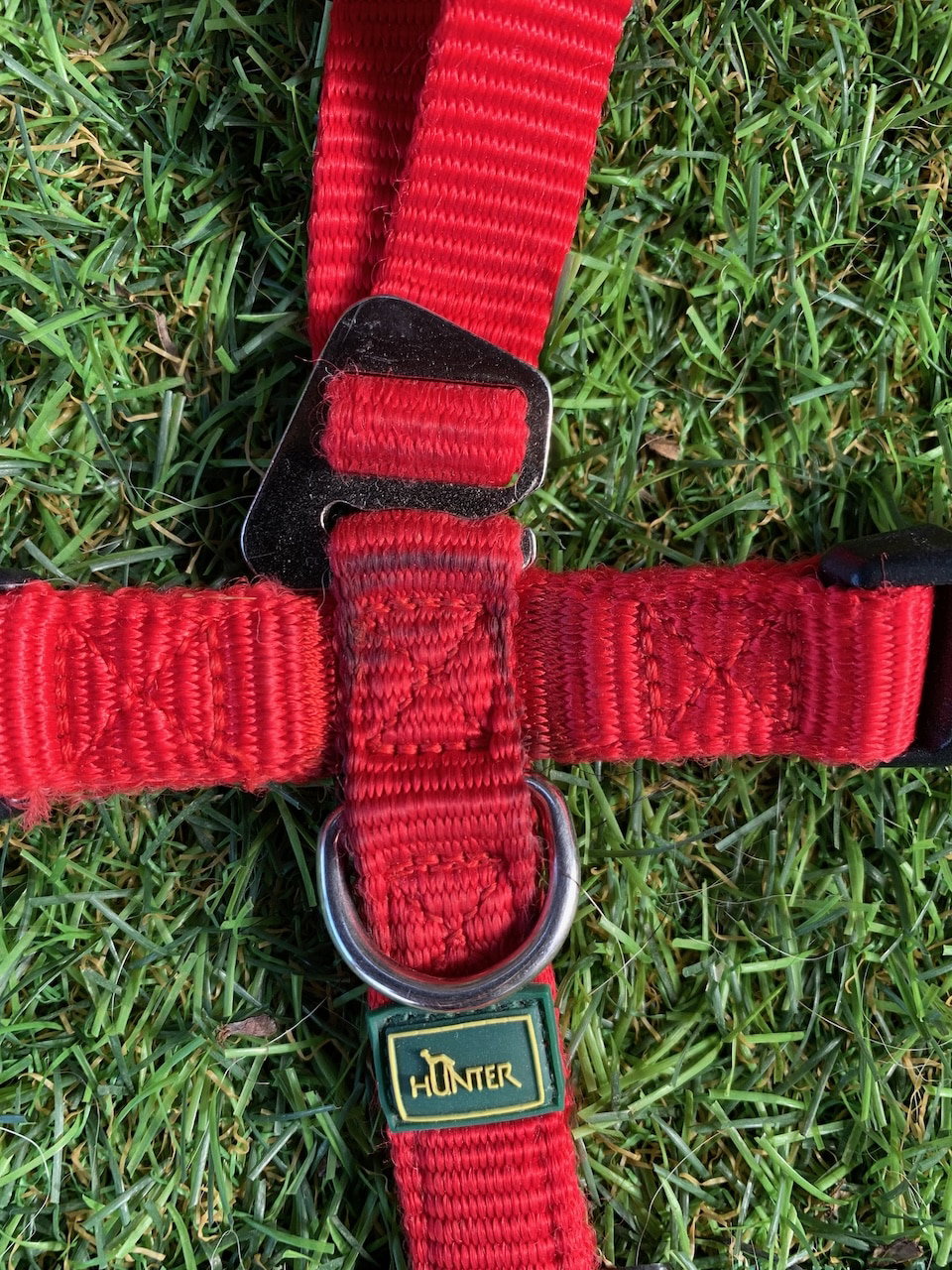 Nahaufnahme von einem roten Hunter Vario Rapid Hundegeschirr mit der Naht auf dem Rücken. Beschriftung lautet: Die Nähte von deinem Geschirr sollten gut verarbeitet sein, damit sie den Belastungen im Alltag stand halten können.