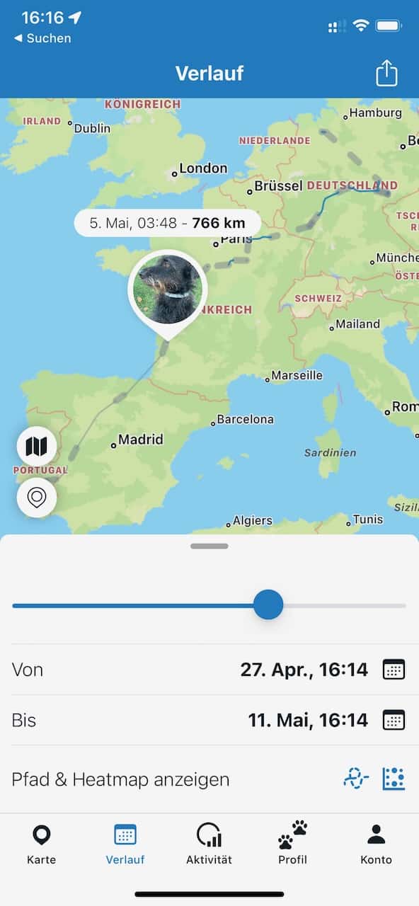 Der GPS-Tracker DOG 4 von tractive hat zuverlässig funktioniert auf dem Weg vom Norden Deutschlands über Frankreich, Spanien und Portugal.
