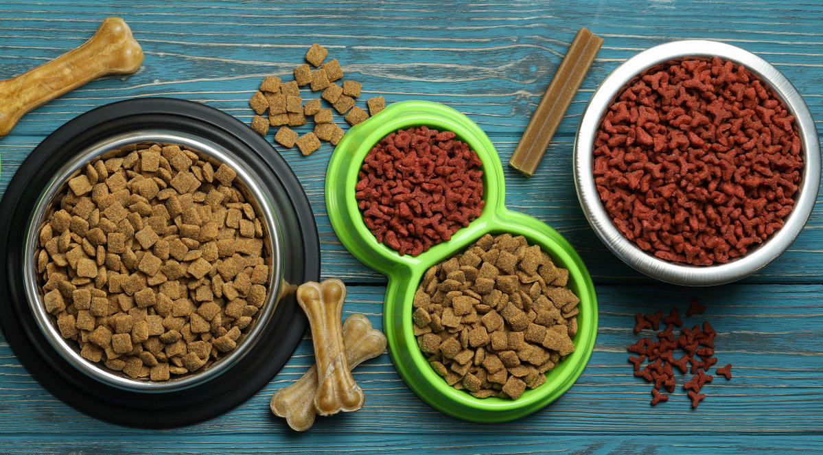 Verschieden groĂe FutternĂ€pfe, gefĂŒllt mit Trockenfutter stehen auf einem Tisch, darum Kauknochen. Beschriftung lautet: In manchen FĂ€llen sind viele kleinere Mahlzeiten besser als eine groĂe.