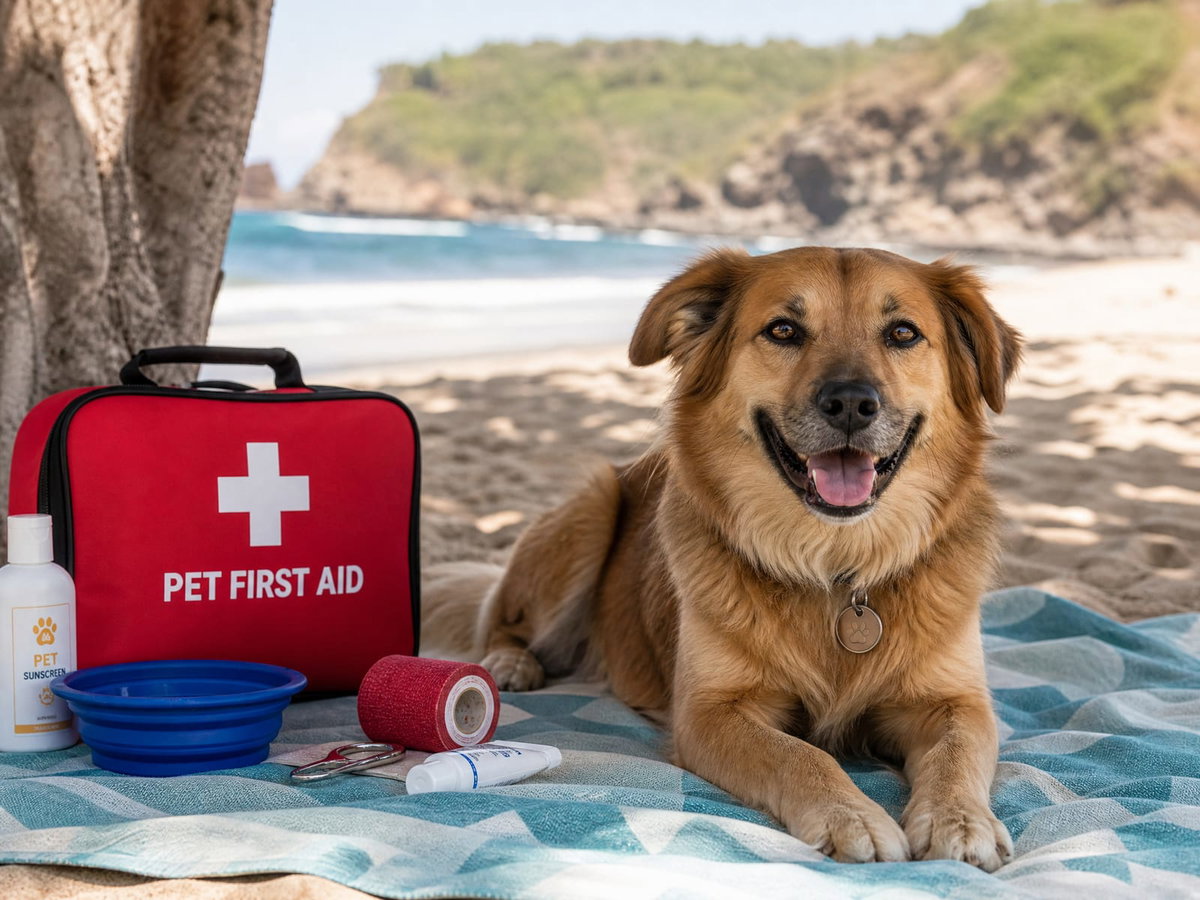 Hund liegt entspannt im Schatten am Strand neben einer Reiseapotheke
