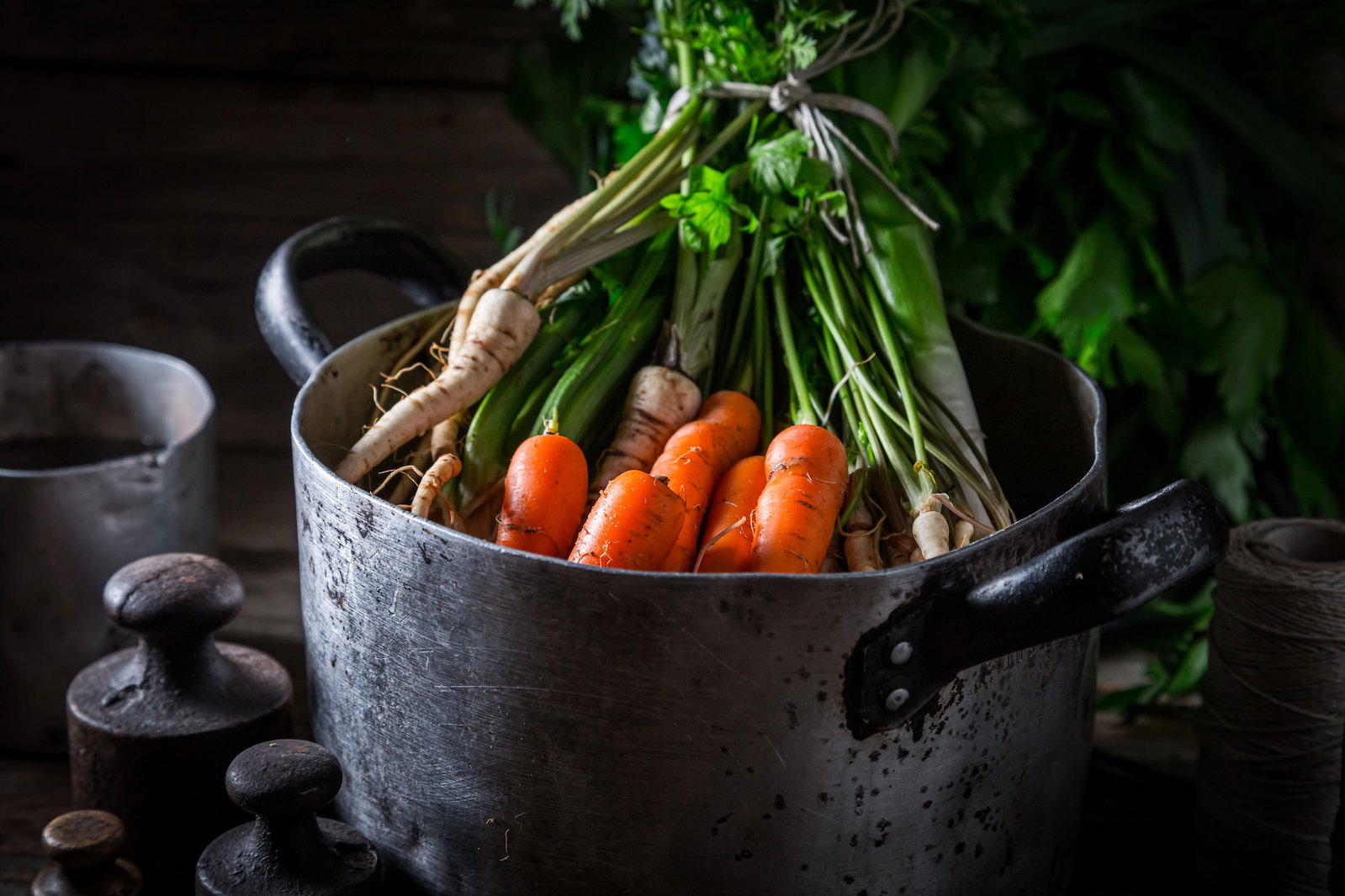 Gußeiserner Topf mit Möhren und Petersilienwurz. Beschriftung lautet: Für eine Morosche Möhrensuppe zerkochst du Möhren.