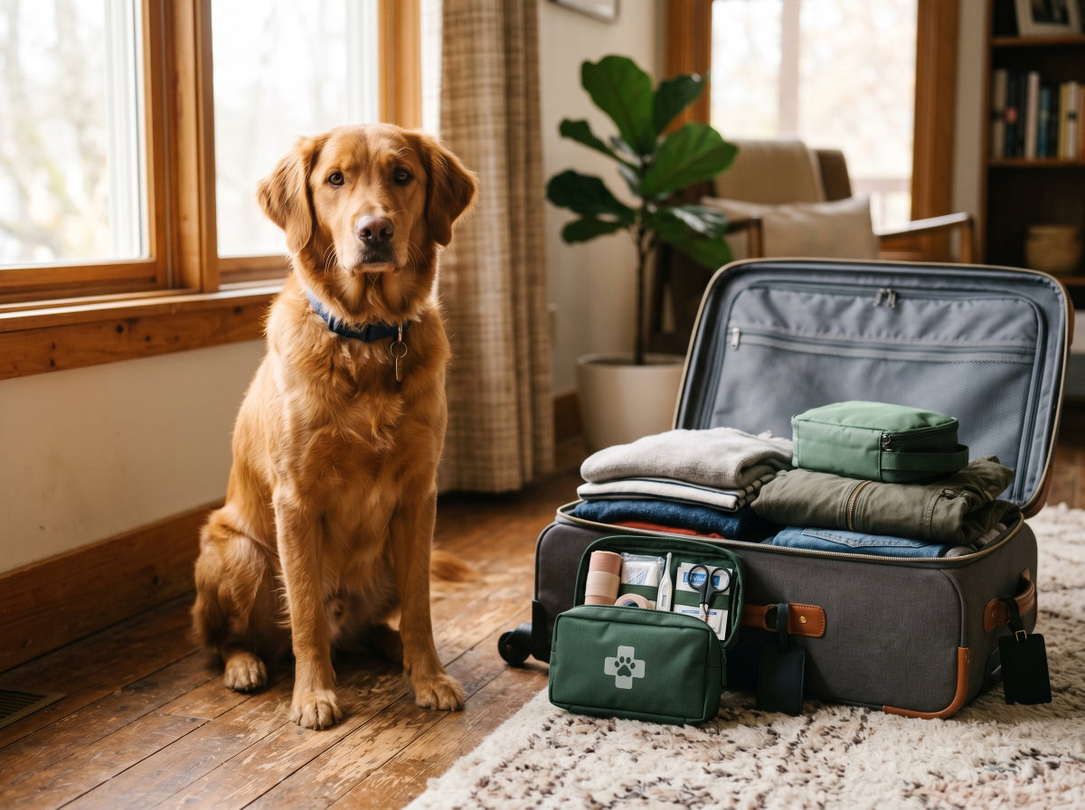 Hund sitzt neben gepacktem Koffer und Reiseapotheke, Reisevorbereitung mit Haustier
